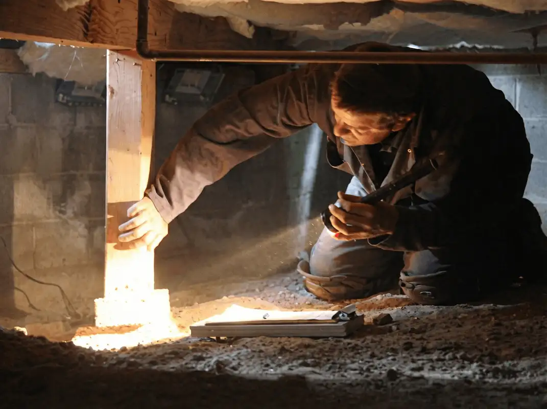 A professional inspecting wooden beams under the floor of a structure in Los Angeles, CA